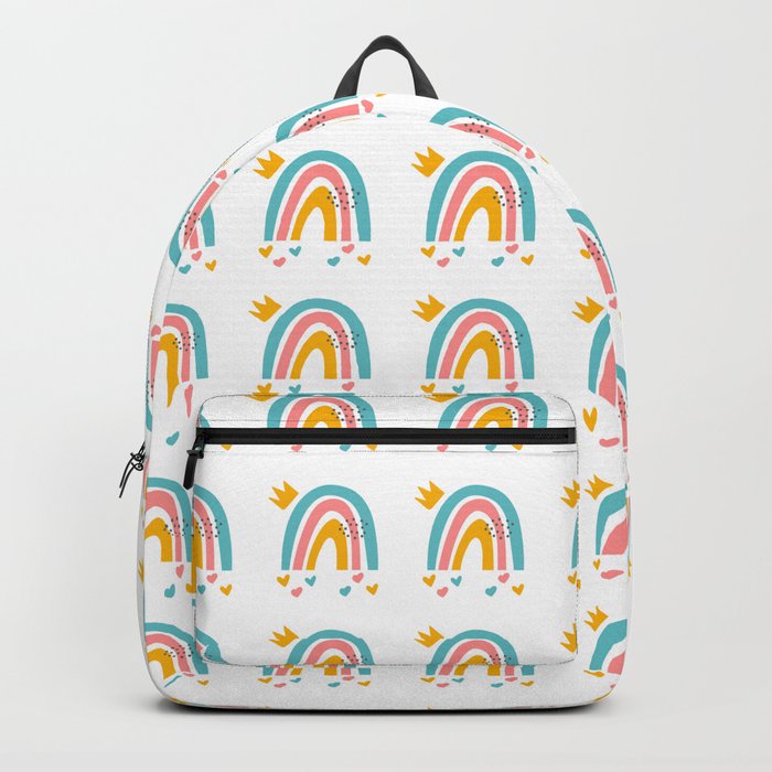 Blue Orange Pink Rainbow Polka Dots Hearts Crown Doodles Shape Simple Minimal Graphic Design Backpack