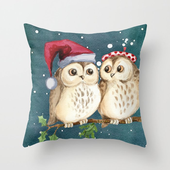 Cute Christmas Winter Owl Couple Painting Throw Pillow By