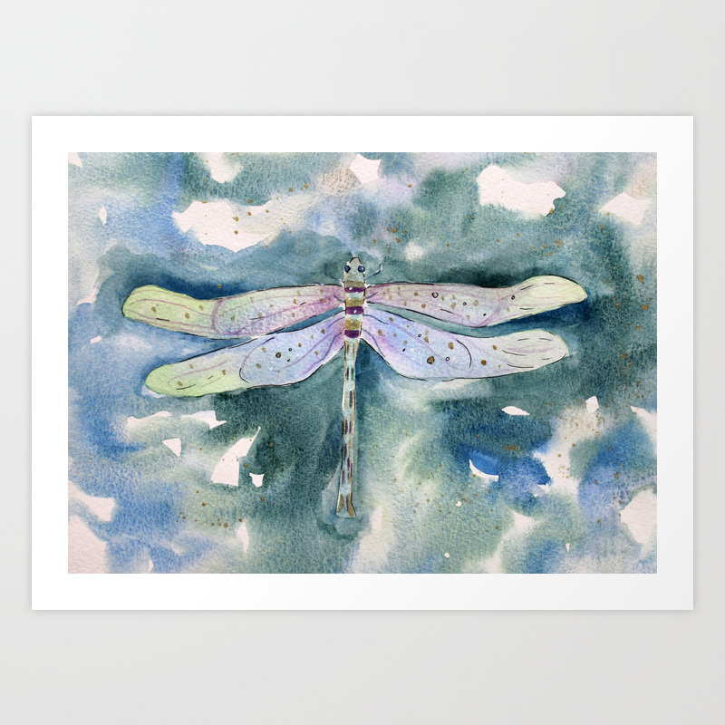 Dragonfly Watercolor Art Art Print By Landandseaartstudio Society6