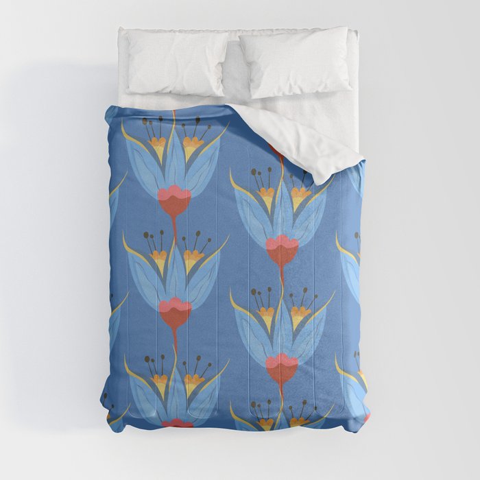 Abstract Colorful Floral Art Pattern on Blue Comforter