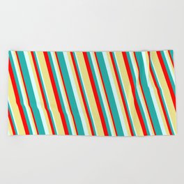 [ Thumbnail: Red, Tan, Light Cyan, and Light Sea Green Colored Lined/Striped Pattern Beach Towel ]