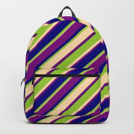 [ Thumbnail: Green, Tan, Purple & Blue Colored Lined Pattern Backpack ]