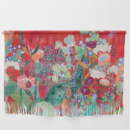 Red floral Jungle Garden Botanical featuring Proteas, Reeds, Eucalyptus, Ferns and Birds of Paradise Wall Hanging