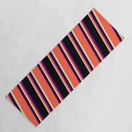[ Thumbnail: Tan, Red, Indigo, and Black Colored Striped/Lined Pattern Yoga Mat ]