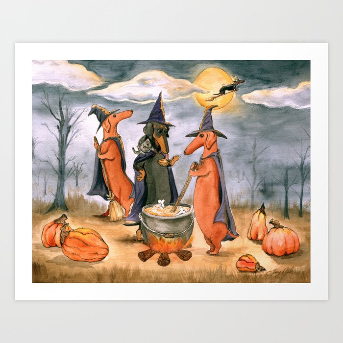 All Howls Eve, Dachshund Witches Art Print