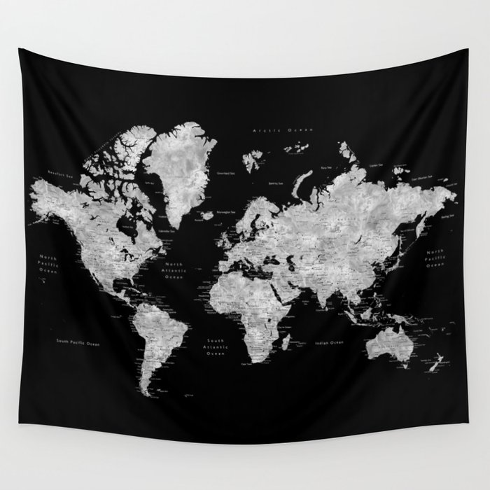 Black and grey watercolor world map with cities Wall Tapestry