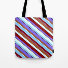 [ Thumbnail: Medium Slate Blue, Sienna, Light Cyan, Light Sky Blue, and Dark Red Colored Striped Pattern Tote Bag ]