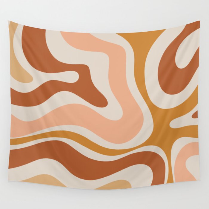 Modern Retro Liquid Swirl Abstract Square in Terracotta Earth Tones Wall Tapestry