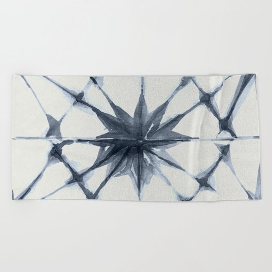 Shibori Starburst Indigo Blue on Lunar Gray Beach Towel