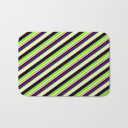 [ Thumbnail: Eyecatching Indigo, Green, Beige, Tan, and Black Colored Lined/Striped Pattern Bath Mat ]