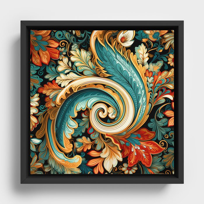 Gold Teal Paisley Floral Swirl Framed Canvas