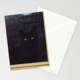 Black cat in window looking outside | Black kitten with green eyes | Cat lovers Stationery Card