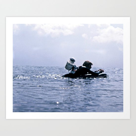 Greenough paddles out with 35mm camera Art Print