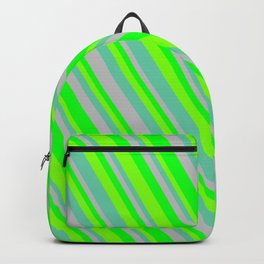 [ Thumbnail: Grey, Lime, Chartreuse, and Aquamarine Colored Lined/Striped Pattern Backpack ]