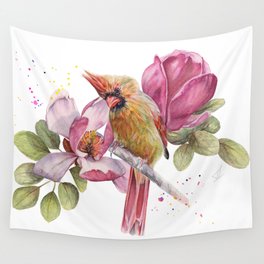 Cardinal et fleurs de Magnolia portrait à l'aquarelle de Marussa Art et Nature Wall Tapestry