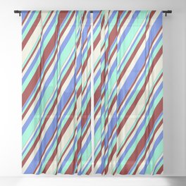 [ Thumbnail: Royal Blue, Aquamarine, Maroon & Beige Colored Striped Pattern Sheer Curtain ]