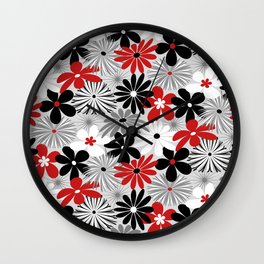 Funky Flowers in Red, Gray, Black and White Wall Clock