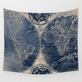 Antique World Map Gold Navy Blue Library Wall Tapestry