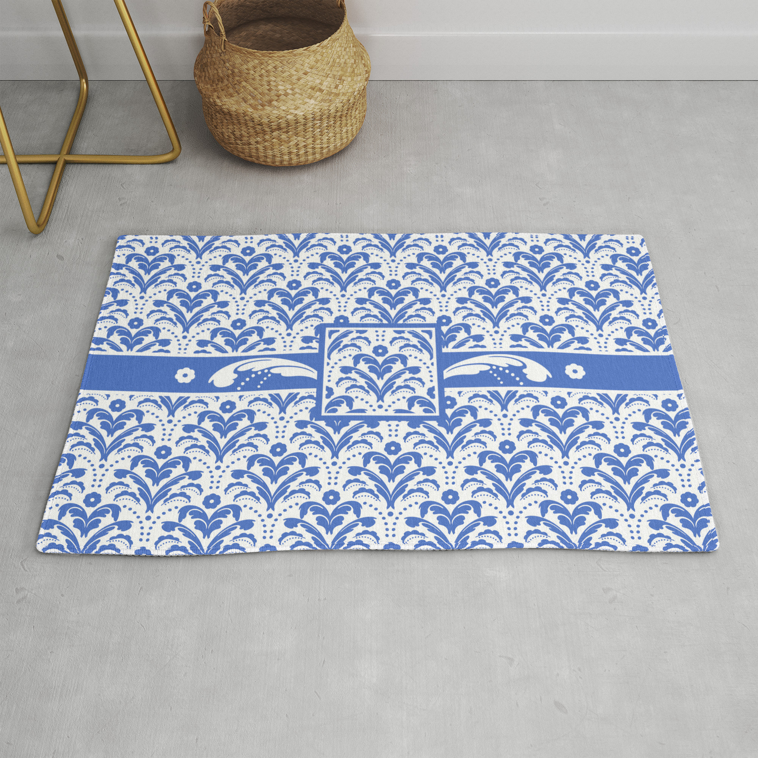 Blue And White Retro Deco Damask Rug By Antiqueimages Society6