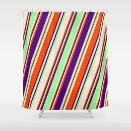 [ Thumbnail: Green, Beige, Red & Indigo Colored Stripes Pattern Shower Curtain ]