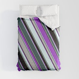 [ Thumbnail: Dark Orchid, Light Cyan, Dark Slate Gray, Grey, and Black Colored Lines Pattern Comforter ]