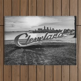 Cleveland Ohio Sign Lake Erie Skyline Black White Print Outdoor Rug