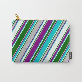 [ Thumbnail: Colorful Grey, Purple, Dark Turquoise, Mint Cream & Dark Green Colored Pattern of Stripes Carry-All Pouch ]