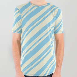 [ Thumbnail: Beige & Sky Blue Colored Lined/Striped Pattern All Over Graphic Tee ]
