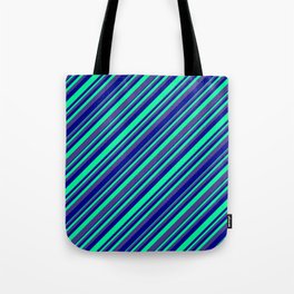 [ Thumbnail: Green, Dark Slate Blue & Dark Blue Colored Lined/Striped Pattern Tote Bag ]