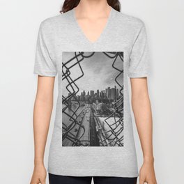 Views of New York City | Skyline and Brooklyn Bridge Through the Fence | Black and White V Neck T Shirt