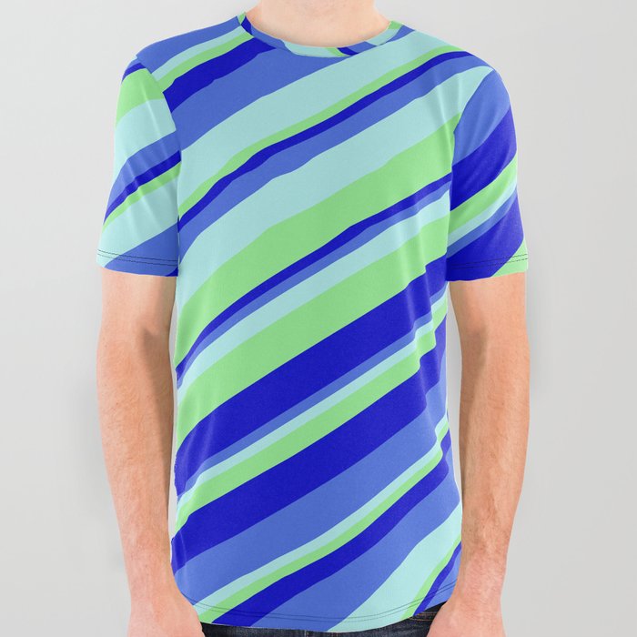 Turquoise, Light Green, Blue, and Royal Blue Colored Stripes/Lines Pattern All Over Graphic Tee