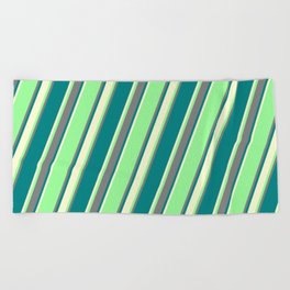 [ Thumbnail: Green, Grey, Teal & Light Yellow Colored Striped Pattern Beach Towel ]