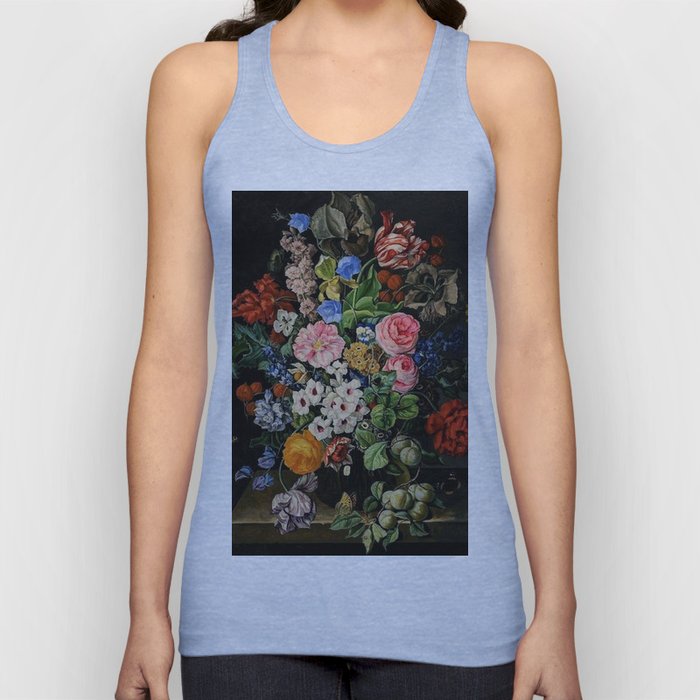 Parrot Tulips, Roses, Dahlias, Zinnia & Fig Bouquet  (Flowers of the Imagination) by Rachel Ruysch Tank Top