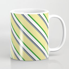 [ Thumbnail: Eye-catching Slate Gray, Tan, Forest Green, White, and Black Colored Lined Pattern Coffee Mug ]