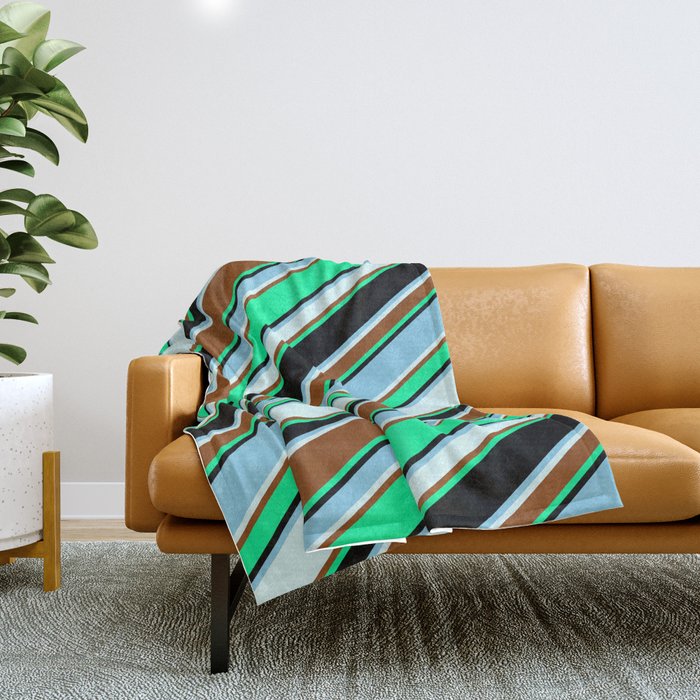 Vibrant Green, Black, Sky Blue, Light Cyan & Brown Colored Lined/Striped Pattern Throw Blanket