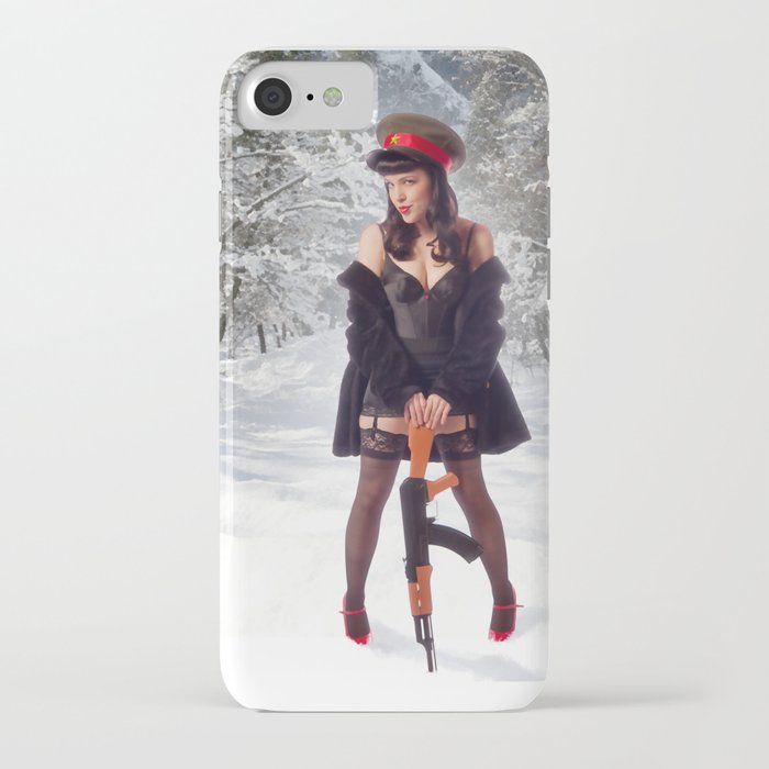 "Sovietsky on Ice" - The Playful Pinup - Russian Theme Pin-up Girl in Snow by Maxwell H. Johnson iPhone Case