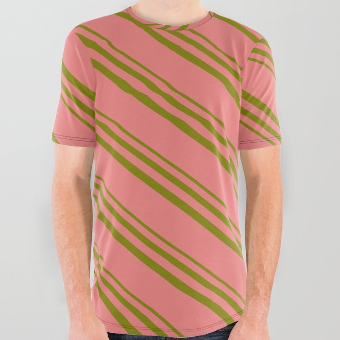 Light Coral & Green Colored Pattern of Stripes All Over Graphic Tee