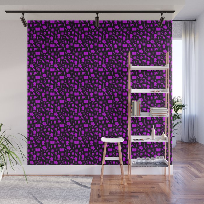 Small Bright Dayglo Purple Halloween Motifs Skulls, Spells & Cats on Spooky Black  Wall Mural