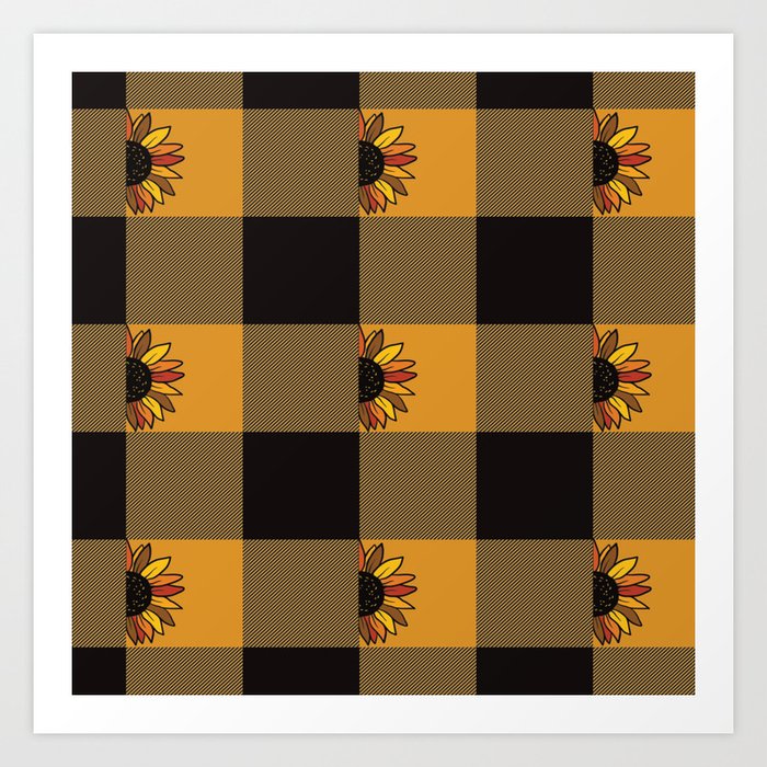 Orange Black Square Check Gingham Plaid Tartan Pattern with Sunflowers Art Print