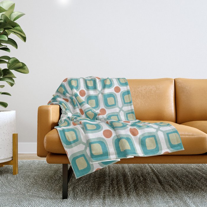 Abstract Flower Pattern Mid Century Modern Retro Turquoise Orange Throw Blanket