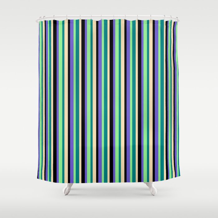 Eye-catching Slate Blue, Black, Tan, Teal & Light Green Colored Stripes/Lines Pattern Shower Curtain