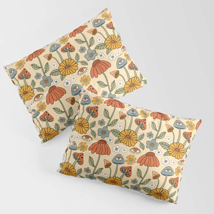 70s Psychedelic Mushrooms & Florals Pillow Sham