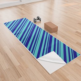 [ Thumbnail: Dark Blue & Turquoise Colored Striped/Lined Pattern Yoga Towel ]