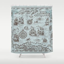 Old map of the Caribbean Sea with pirate ships, treasure islands, fantasy creatures. Pirate adventures, treasure hunt and old transportation concept. Hand drawn vintage illustration, vintage background Shower Curtain