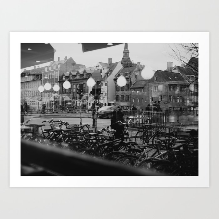 Copenhagen street scene,view from cafe, black and white Art Print