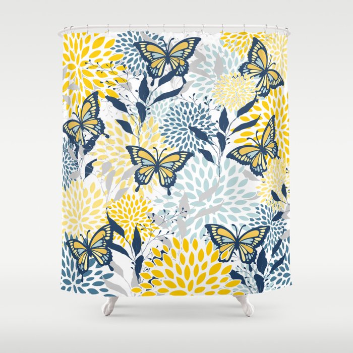 Floral and Butterflies Print Blue and Yellow Shower Curtain by