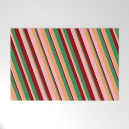 [ Thumbnail: Brown, Light Pink, Dark Red, and Sea Green Colored Lines/Stripes Pattern Welcome Mat ]