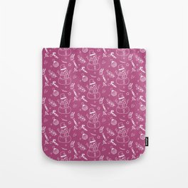 Magenta and White Christmas Snowman Doodle Pattern Tote Bag