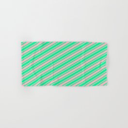 [ Thumbnail: Green & Light Pink Colored Striped Pattern Hand & Bath Towel ]