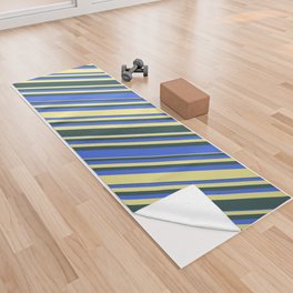 [ Thumbnail: Dark Slate Gray, Royal Blue, and Tan Colored Lined/Striped Pattern Yoga Towel ]